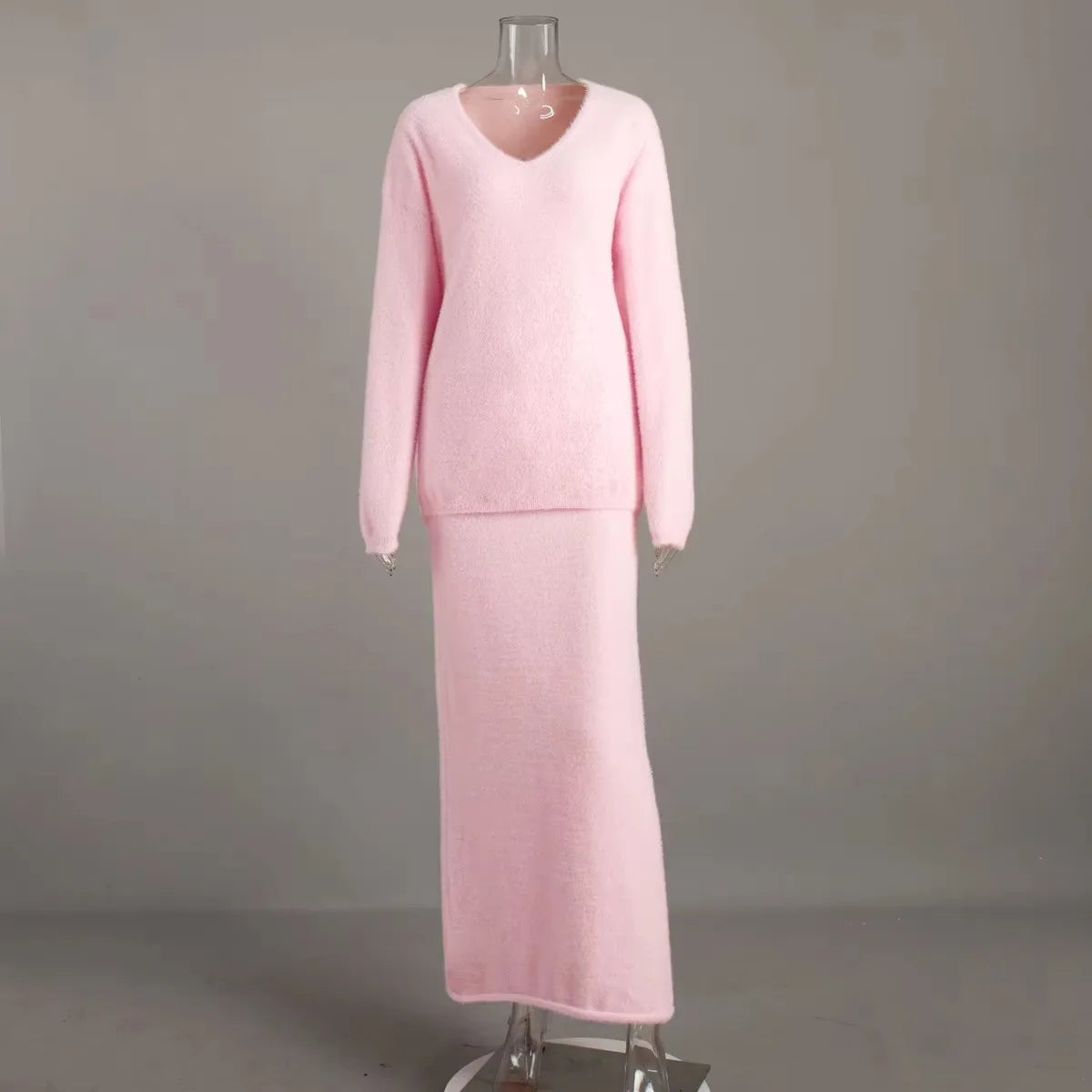 🍒Sweater 2 Pieces sets winter casual outfits warm autumn maxi a-line skirt and v- neck knitted long sleeve jumper women