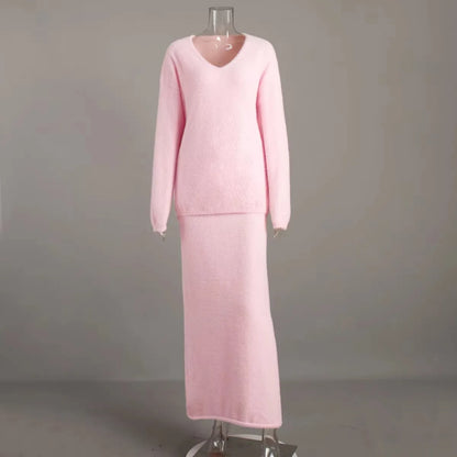 🍒Sweater 2 Pieces sets winter casual outfits warm autumn maxi a-line skirt and v- neck knitted long sleeve jumper women