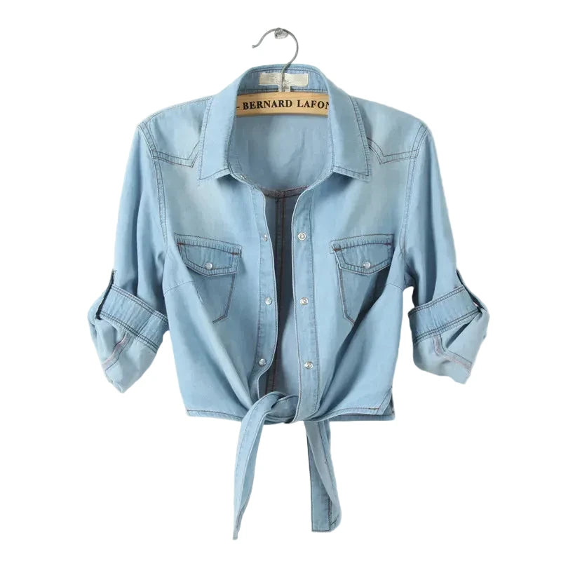 🍒kimono denim shirt short sleeve women tops crop short Jeans shirt womens summer blouses cool feminine shirts casual clothes Get Tied To Denim