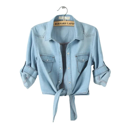 🍒kimono denim shirt short sleeve women tops crop short Jeans shirt womens summer blouses cool feminine shirts casual clothes Get Tied To Denim
