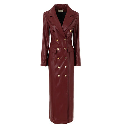 🍒Ekstra lang kunsleer trenchcoat vir dames dubbelbors luukse elegante lang slim gemaklike pu-oorjas Bly OP HOOGTE van DUBBEL neem-klere