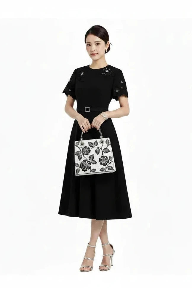 🍒Short sleeve vintage dress short sleeve midi hand-made lace hollow diamond summer outfit a-line womens fashion wear Line Up For As or you wil B disapointed