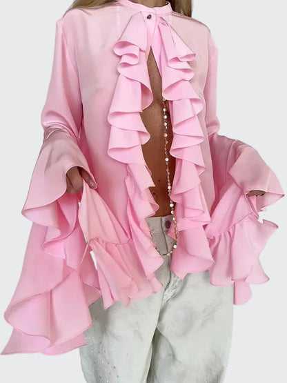 🍒Blouse cardigan tops spring fashion butterfly style ruffle blouse women single breasted shirt blouse o-neck smart casual fashion  Flutter By With A Butterfly