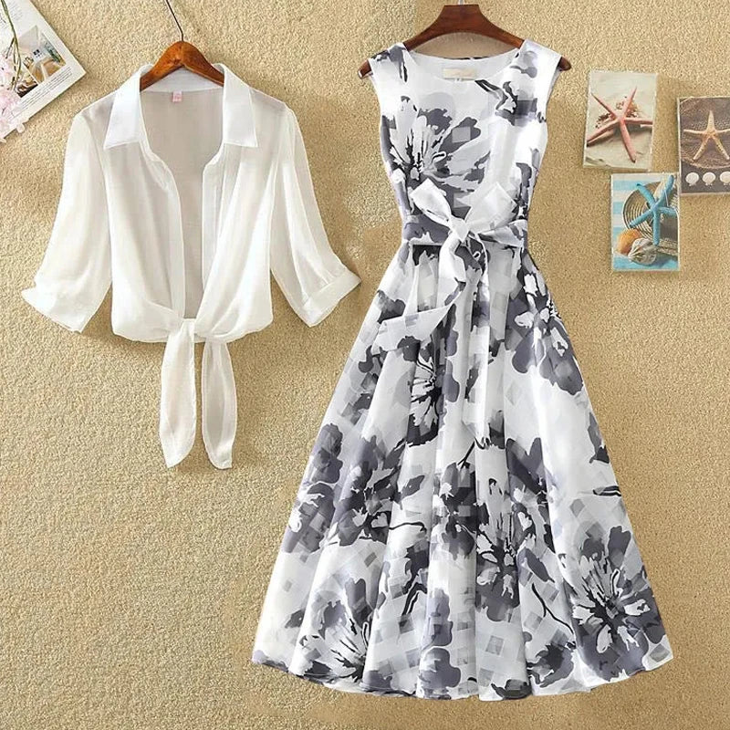 🍒Tweedelige uitrustings somerrok mode a-lyn somerstelle vir vroue elegante blomklere slim gemaklike drag Beweeg na Monochroom