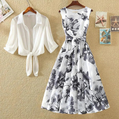 🍒Tweedelige uitrustings somerrok mode a-lyn somerstelle vir vroue elegante blomklere slim gemaklike drag Beweeg na Monochroom