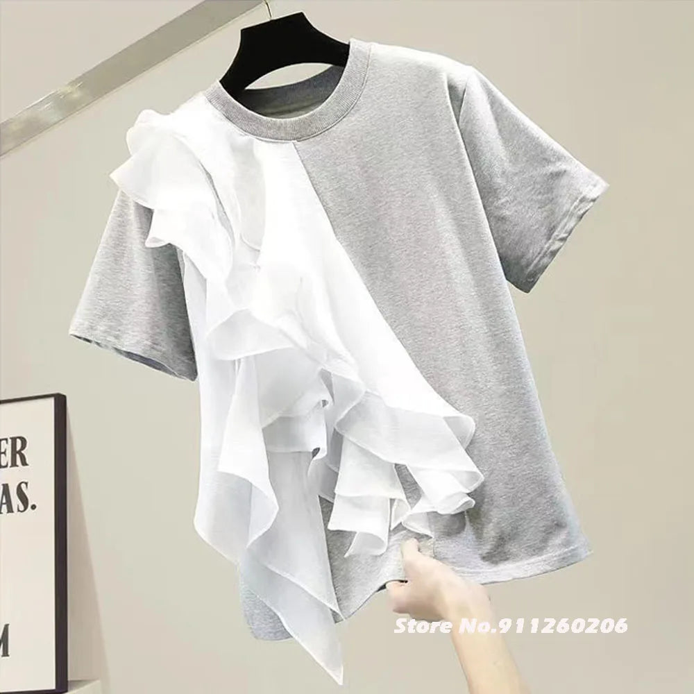 🍒Gemengde media rimpelwit tops vir vroue, O-nek kortmou gemaklike T-hemp, vroulike modeklere Somer