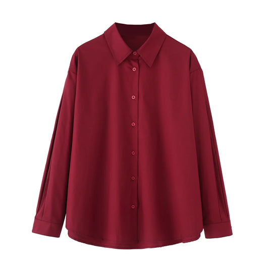 🍒女士府绸衬衫，带衣领，夏季女士时尚长袖，夏季简约百搭服装，智能休闲酒红色基础款