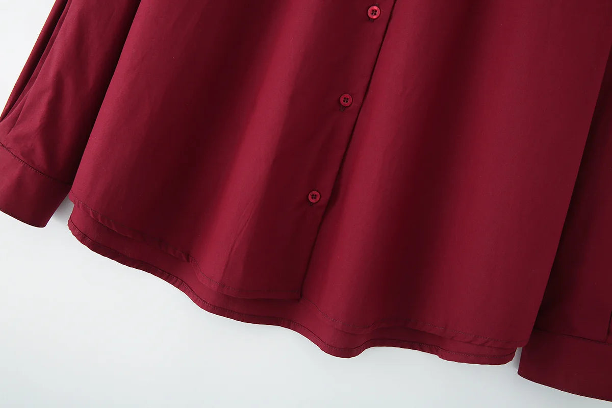 🍒Women's poplin shirt with collar summer female fashion long sleeves for summer simple and versatile clothing smart casual Burgundy Ba-sick