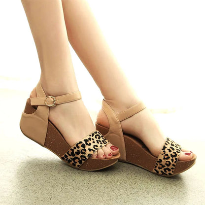 🍒Leopard wedge sandals Platform wedge shoes ankle strap peep toe high foot wear smart casual footwear women  jump on  leopord platform
