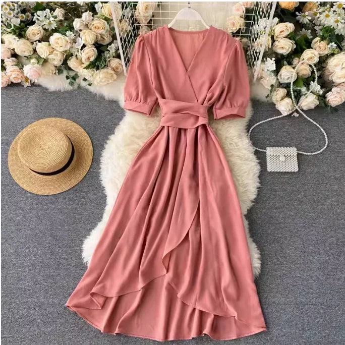 🍒Solid colour irregular hem dress short sleeved summer outfit smart casual women colourful fashion wear holiday wear