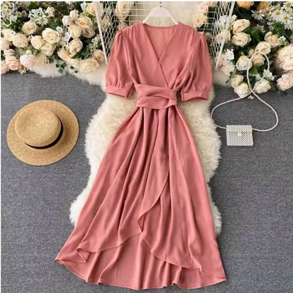 🍒Solid colour irregular hem dress short sleeved summer outfit smart casual women colourful fashion wear holiday wear