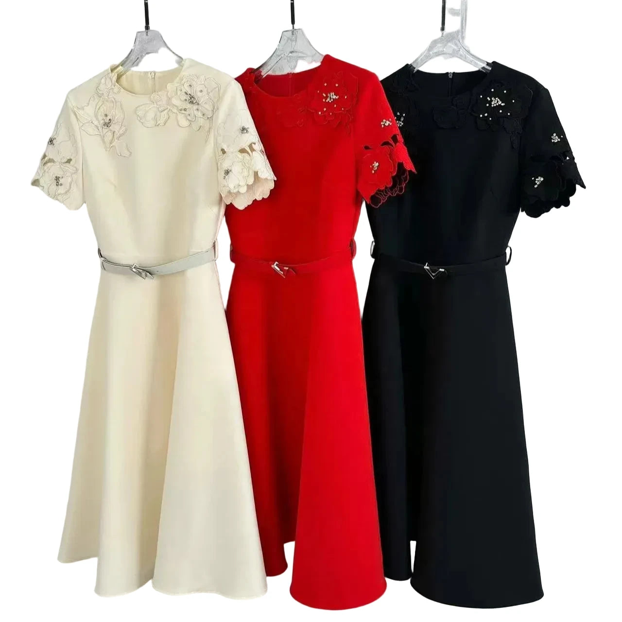 🍒Short sleeve vintage dress short sleeve midi hand-made lace hollow diamond summer outfit a-line womens fashion wear Line Up For As or you wil B disapointed