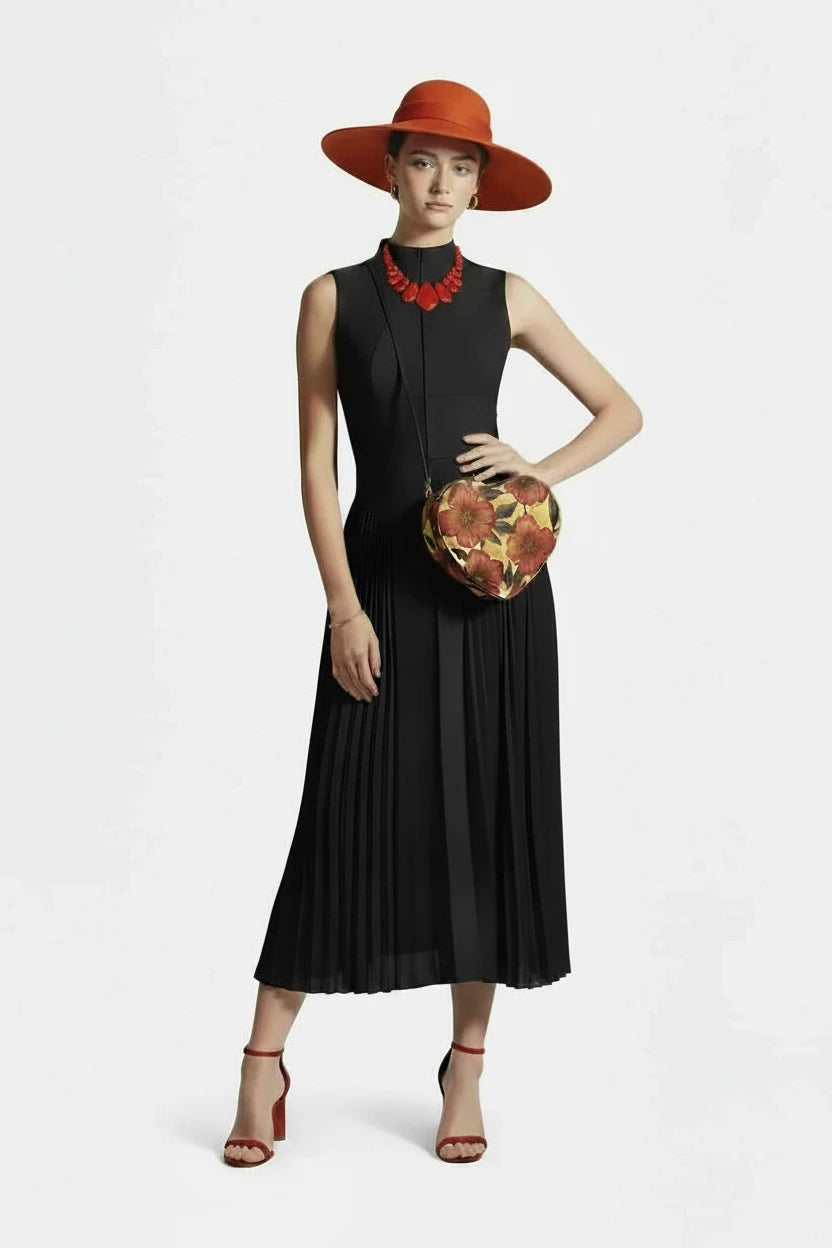 🍒Summer high neck dress a line pleated Irregular long midi outfit fit and flare slim fit smart casual summer wear Purely Pefect