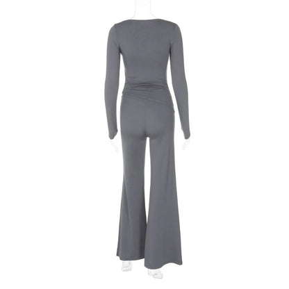 🍒Solid colour set crop top + flared bottom tube pants smart casual clothing women fashion  leggings two piece set Galavant In Your Grey