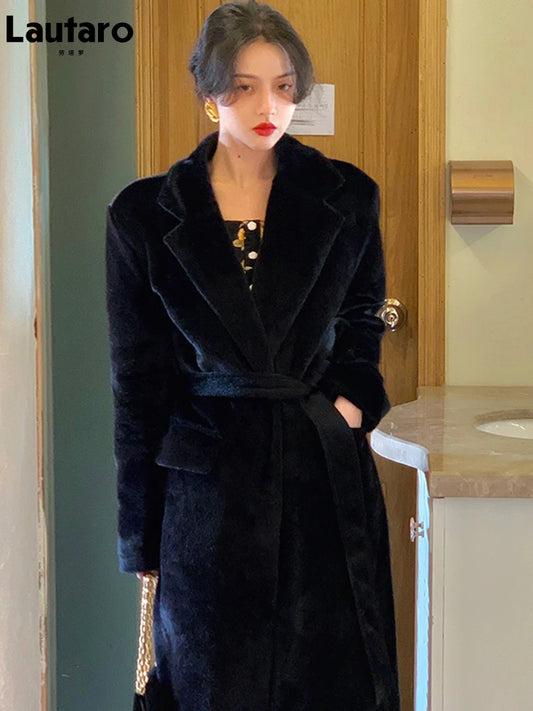 🍒Winter faux fur coat oversized black trench coat womens long black tie belt coat smart casual stylish outerwear