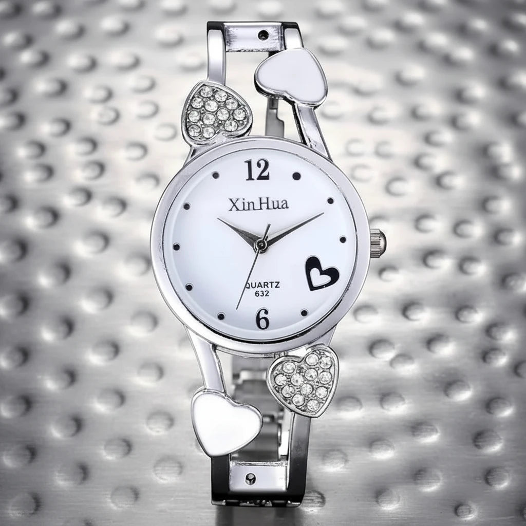 🍒Womens heart watch Design quartz fashion bangle silver classic crystal Stainless Steel colour face wristwatch smart casual jewellery   Watch This Bang For Your Buck