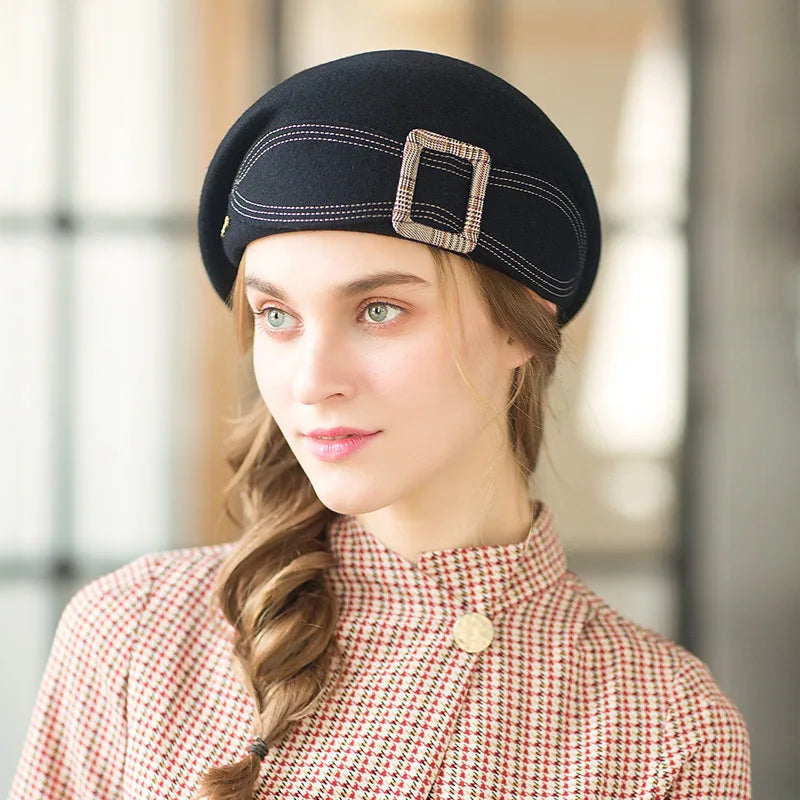 🍒Winter warm baret hoede vir vroue vroulike wol mus volwasse slim gemaklike skilder hoede vlinderknoop pette gespe pet Verstel Skilder 'n Modieuse Prent