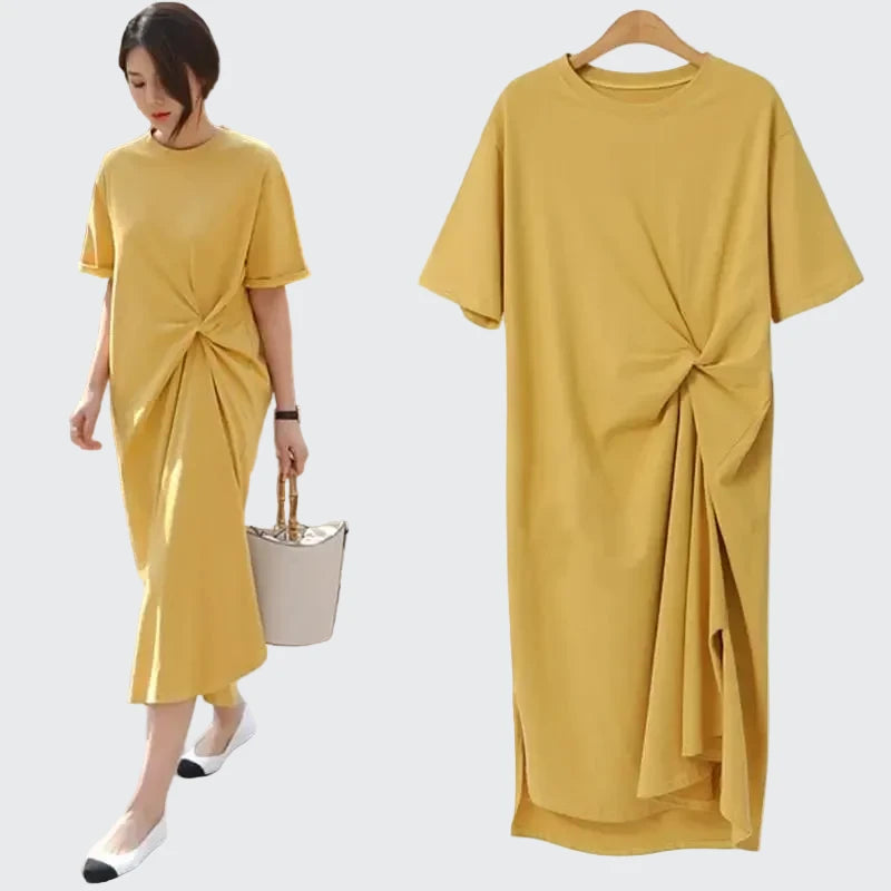 🍒100% cotton summer dress side knot design short sleeve midi outfit womens casual fashion t- shirt dress holiday clothes Bend Into Banana