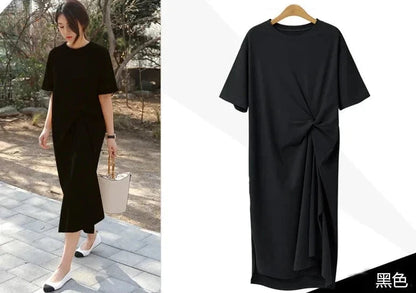 🍒100% cotton summer dress side knot design short sleeve midi outfit womens casual fashion t- shirt dress holiday clothes Bend Into Banana