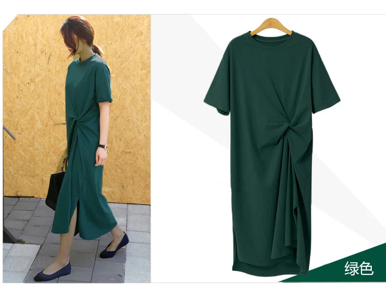 🍒100% cotton summer dress side knot design short sleeve midi outfit womens casual fashion t- shirt dress holiday clothes Bend Into Banana