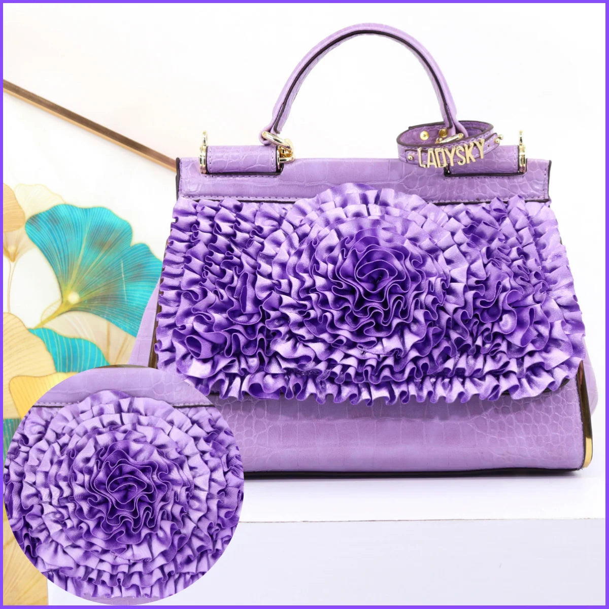 🍒3D blom-handsak vir vroue, mode damesak, luukse skouersak, krokodil-elegante geleentheidsbykomstigheid, lotusblaarblom-sak, vrouesak met gryphandvatsel 30 cm Roosegoud