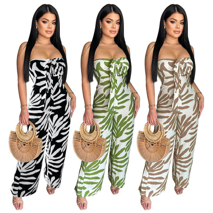 🍒 Gedrukte, noupassende jumpsuit met wye pype – klubdrag, strandpartytjie, vakansiedrag vir vroue, elegante gemaklike drag