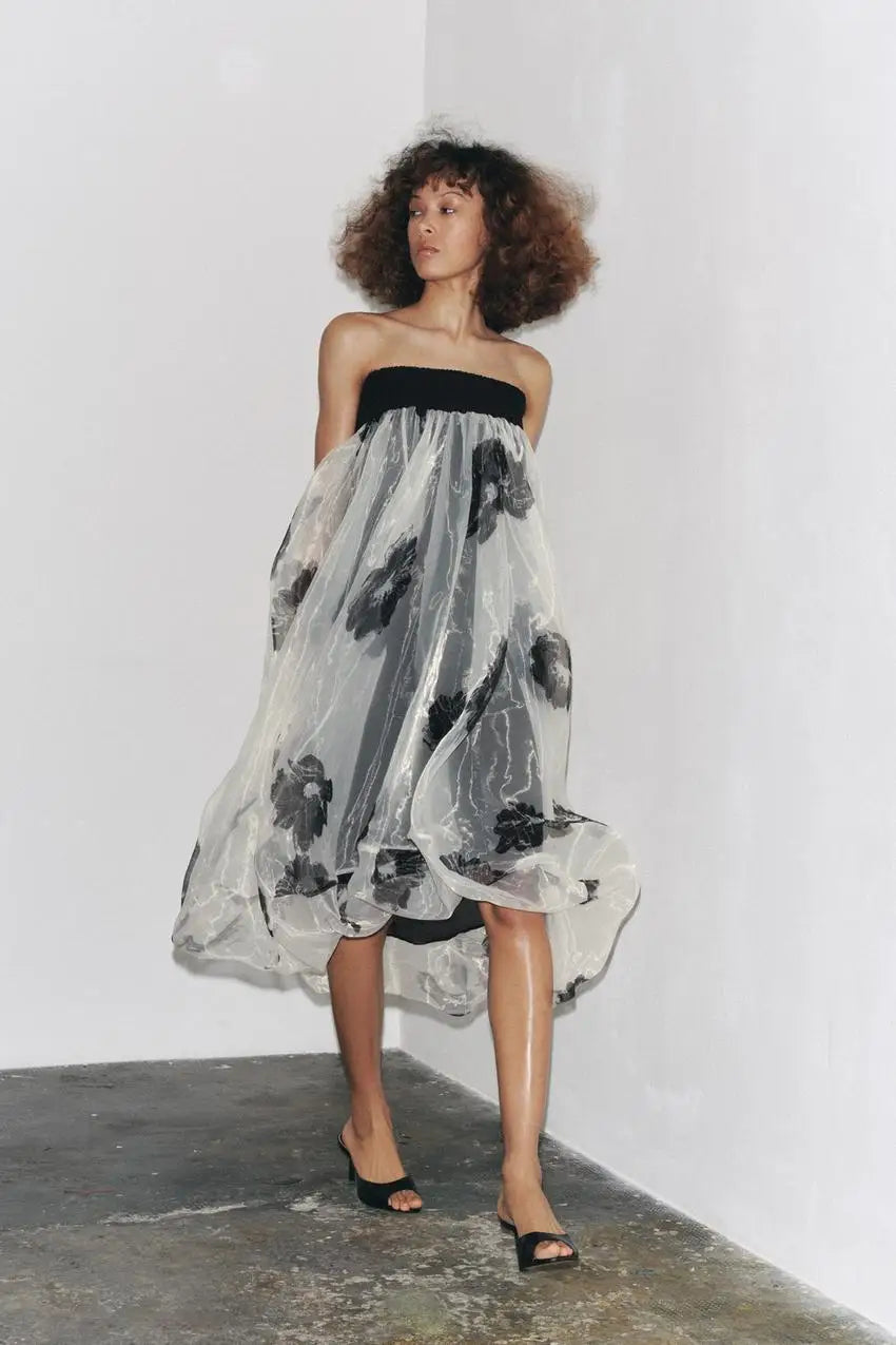 🍒Floral Chiffon dress midi elegant summer fashion loose collarless outfit also can be used as a maxi skirt versitile clothing natural waist smart casual party occasion wear Versatile Style