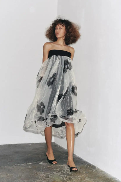 🍒Floral Chiffon dress midi elegant summer fashion loose collarless outfit also can be used as a maxi skirt versitile clothing natural waist smart casual party occasion wear Versatile Style