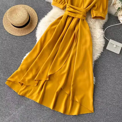 🍒Solid colour irregular hem dress short sleeved summer outfit smart casual women colourful fashion wear holiday wear