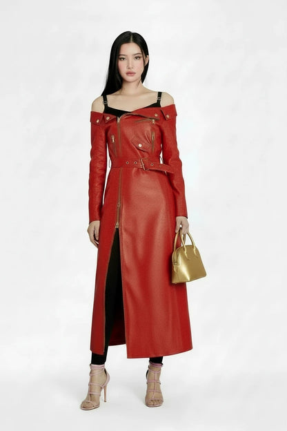 🍒Leather long dresses with side split for women slash neck red black pu outfit long sleeve shoulderless for occasions party wear club wear REDiculously Cool