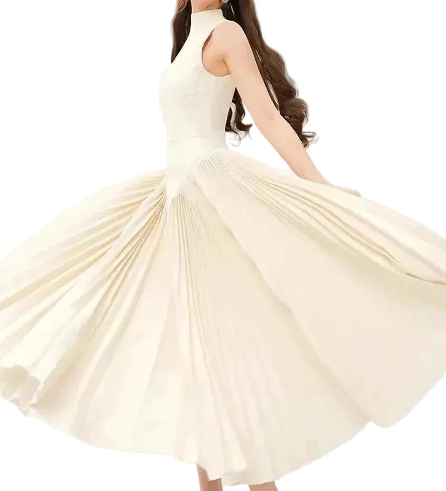 🍒Summer high neck dress a line pleated Irregular long midi outfit fit and flare slim fit smart casual summer wear Purely Pefect