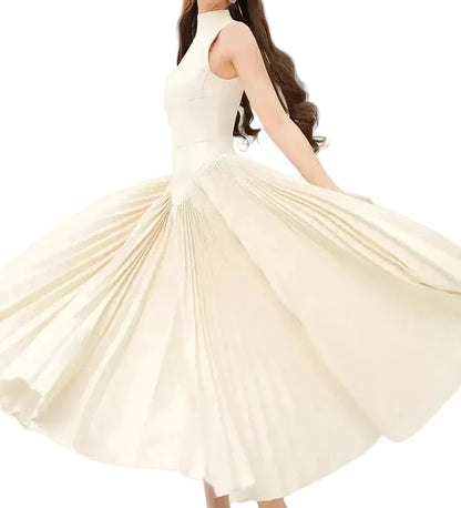 🍒Summer high neck dress a line pleated Irregular long midi outfit fit and flare slim fit smart casual summer wear Purely Pefect