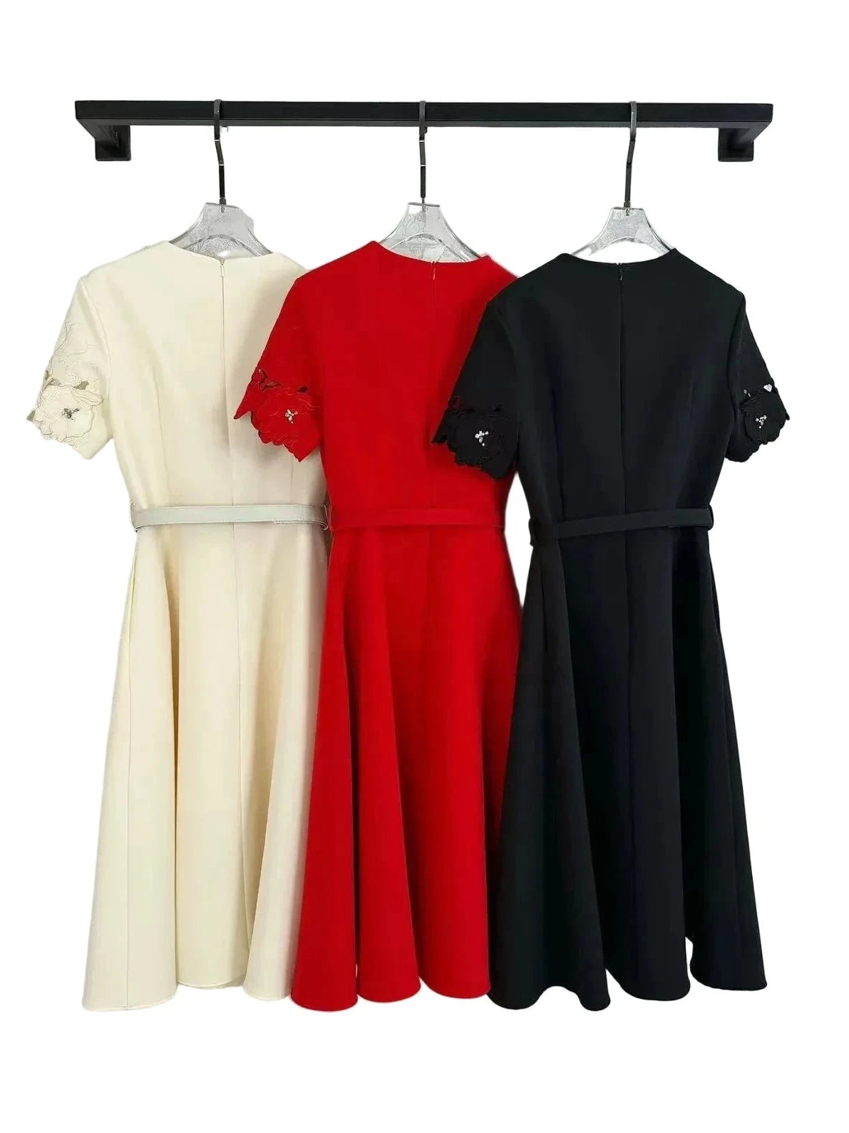🍒Short sleeve vintage dress short sleeve midi hand-made lace hollow diamond summer outfit a-line womens fashion wear Line Up For As or you wil B disapointed