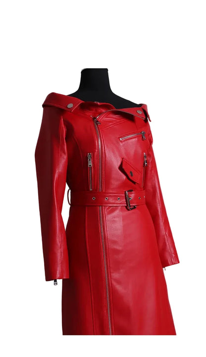 🍒Leather long dresses with side split for women slash neck red black pu outfit long sleeve shoulderless for occasions party wear club wear REDiculously Cool