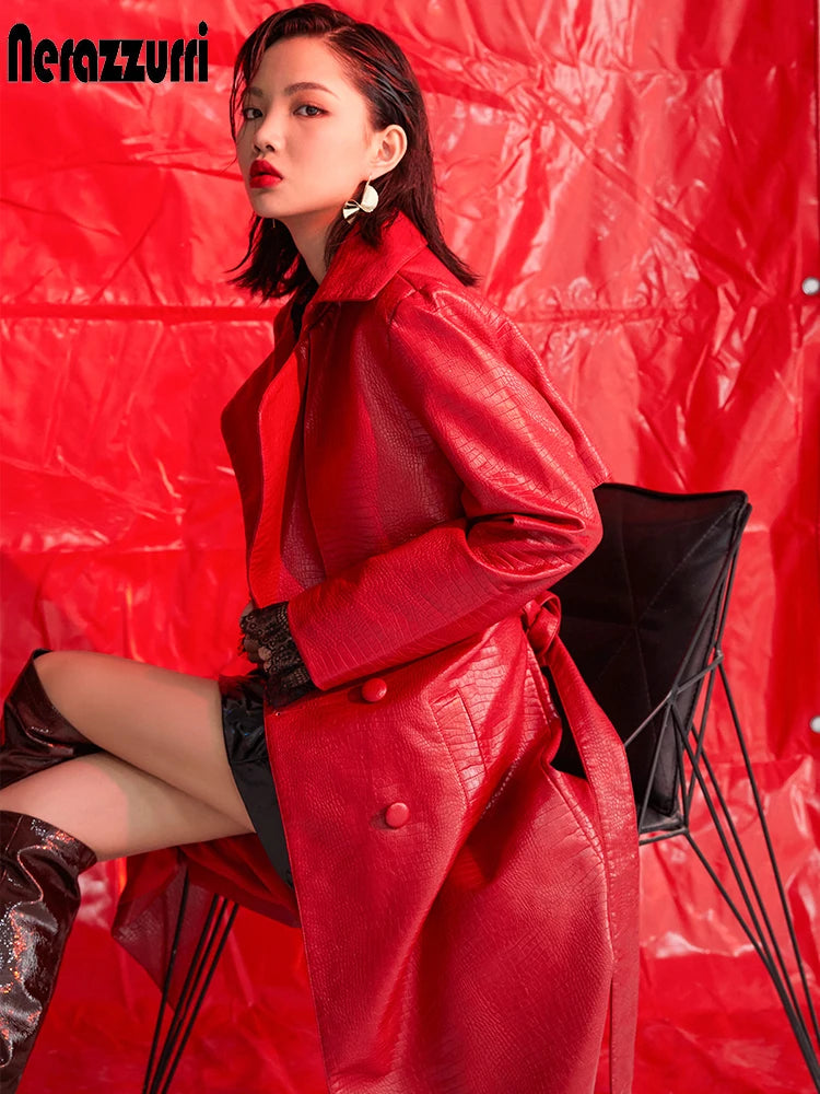 🍒黑色鳄鱼纹风衣漆皮仿皮风衣女长款黑色长袖腰带秋季红色皮衣女