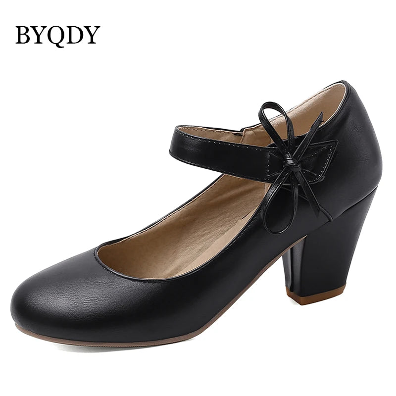 🍒Damespompe 7 cm hoë dik blokhakke ronde toon Mary Janes skoene trourok skoene kantoorskoene damesenkelbandhakke met strikkies