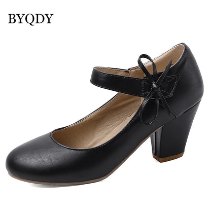 🍒Damespompe 7 cm hoë dik blokhakke ronde toon Mary Janes skoene trourok skoene kantoorskoene damesenkelbandhakke met strikkies