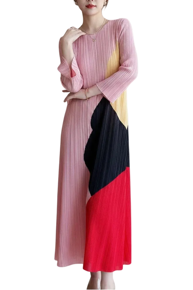 🍒Pleated colour block dress for women elegant geometric pattern  outfit print long sleeve smart casual clothing for occasions wear loose A-line maxi dress designer clothes  Pink Perfection