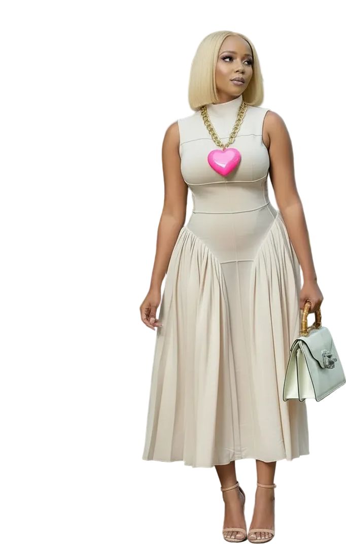 🍒Summer high neck dress a line pleated Irregular long midi outfit fit and flare slim fit smart casual summer wear Purely Pefect