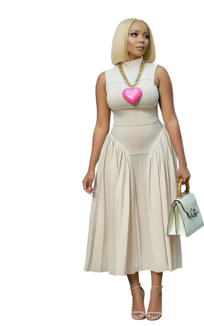 🍒Summer high neck dress a line pleated Irregular long midi outfit fit and flare slim fit smart casual summer wear Purely Pefect