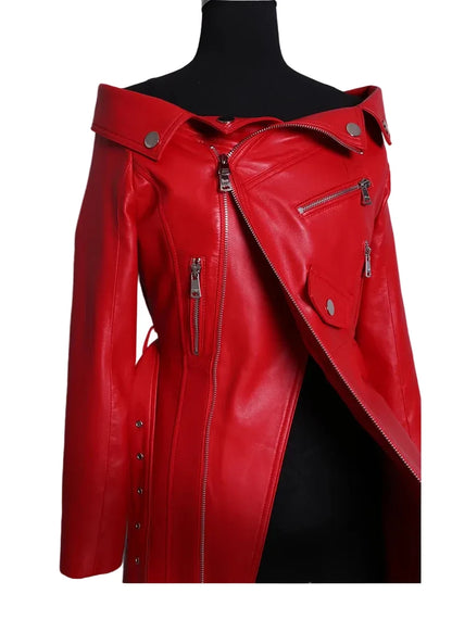 🍒Leather long dresses with side split for women slash neck red black pu outfit long sleeve shoulderless for occasions party wear club wear REDiculously Cool