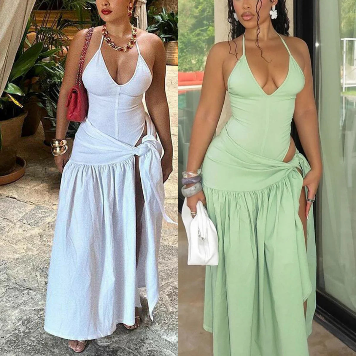🍒Sleexeless halter top backless design deep v neck Irregular fashion and long split skirt 2 piece sets smart casual wear women You Will Bi K-eeN-i To Wear This Bikini Dress