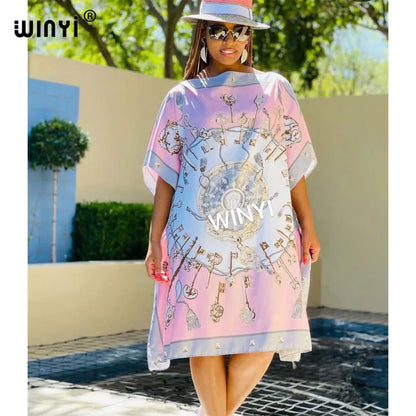 🍒Printed scarf dress loose fit women's silk outfit coloful beach coverup loose batwing midi fashion feminine beach wear  summer party wear You Will Have A Whale Of A Time Wearing This