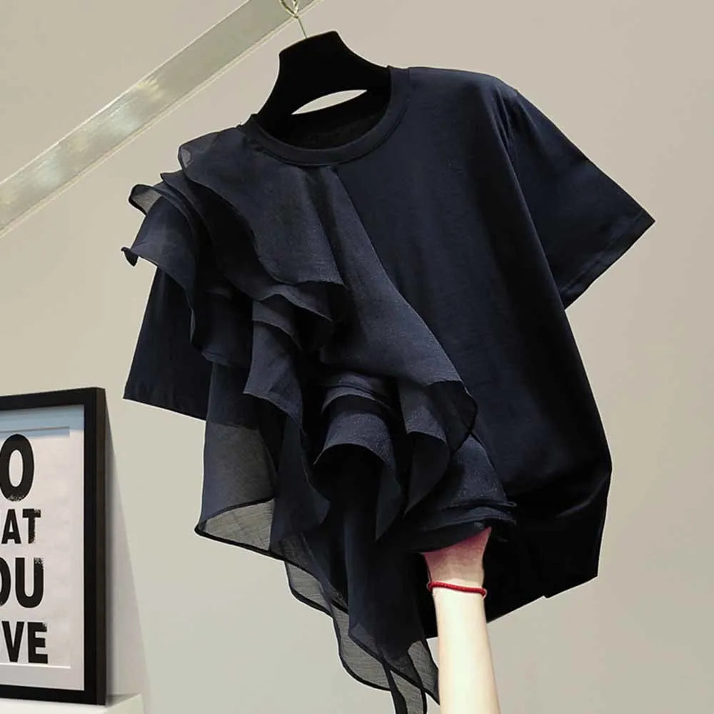 🍒Gemengde media rimpelwit tops vir vroue, O-nek kortmou gemaklike T-hemp, vroulike modeklere Somer