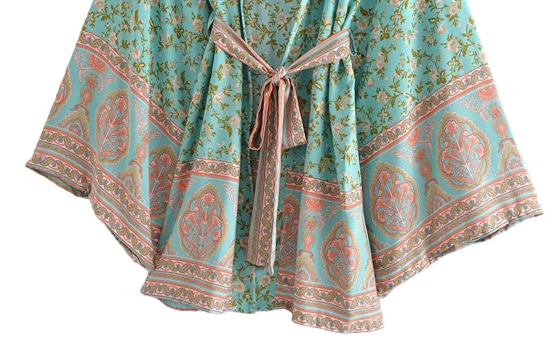 🍒Beach coverups wild floral print short light kimono jacket batwing duster bohemian ladies v-neck rayon short bikini swimwear cover over vacation wear holiday clothing casual wear  Colourful Comfort