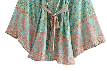 🍒Beach coverups wild floral print short light kimono jacket batwing duster bohemian ladies v-neck rayon short bikini swimwear cover over vacation wear holiday clothing casual wear  Colourful Comfort
