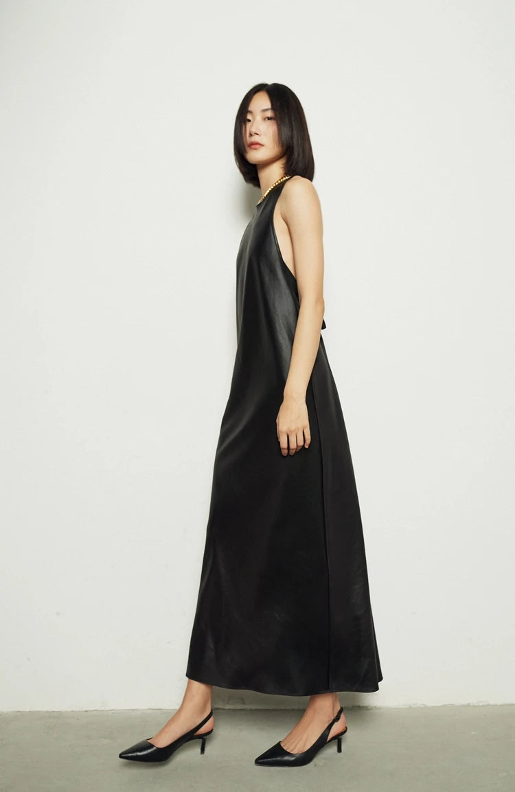 🍒Long faux Leather dress for occasion elegant stylish design backless maxi outfits for Women clubwear partwear fashion Party With A Bow On It