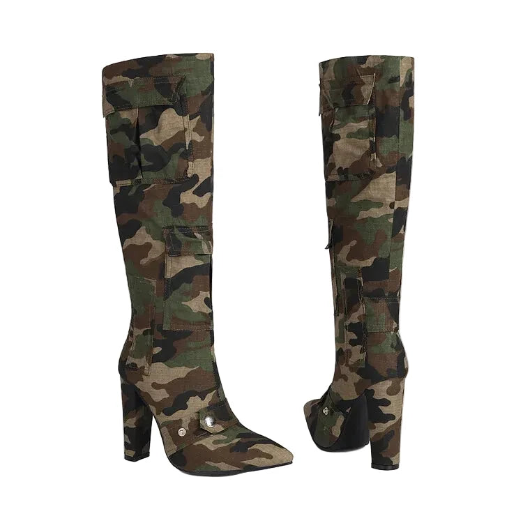 🍒Camouflage green boots pointed toe women fashion combat footwear long boots slim winter heeled boots COMBAT Boring Footwear And Step Into Cool BOOTS