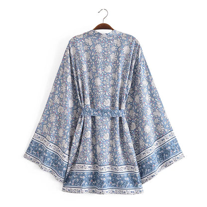 🍒Beach coverups wild floral print short light kimono jacket batwing duster bohemian ladies v-neck rayon short bikini swimwear cover over vacation wear holiday clothing casual wear  Colourful Comfort