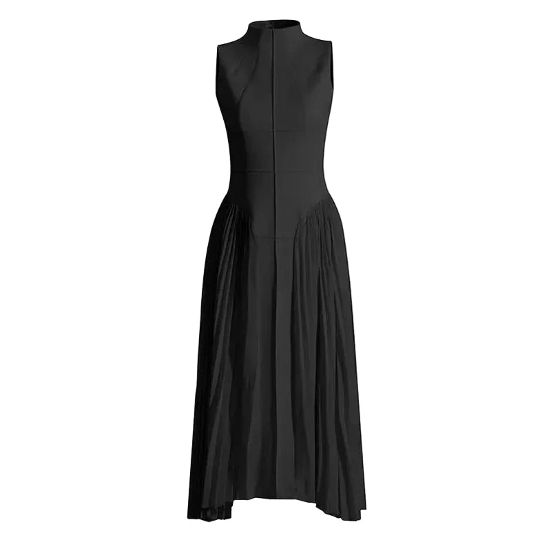 🍒Summer high neck dress a line pleated Irregular long midi outfit fit and flare slim fit smart casual summer wear Purely Pefect